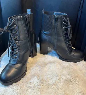 Black Lace Up Block Heel Ankle Boots Lug Sole Side Zip Booties PILATE-13 7.5 thumbnail 1