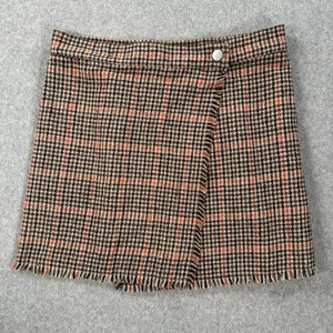 Urban Outfitters Plaid Wrap Mini Skirt Size Medium Brown/Orange Fringe Button thumbnail 1