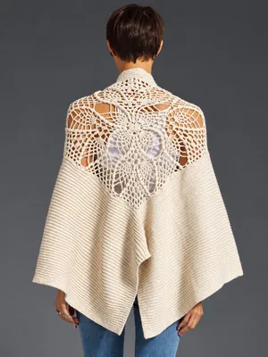 🧶 Free People Crochet Lace Open Back Poncho Sweater One Size Cream Boho 🧶 thumbnail 1