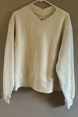 American Eagle Aerie Ivory Pullover Sweater Knit Cotton V Neck Women's Size L thumbnail 1