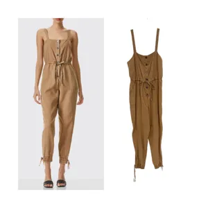 Alice + Olivia Tiana Button‎ Front Jumpsuit Tan Utility Cargo Tie Waist Size 8 thumbnail 2