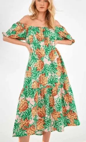 Farm Rio Pineapple Garden Linen Dress Off Shoulder Puff Sleeve Midi M Tropical thumbnail 1