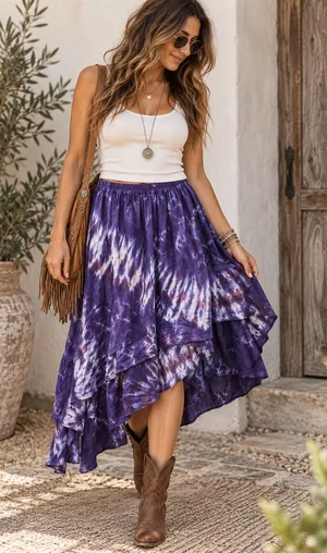 Dharma Trading Co Vintage Purple Tie Dye Tiered Asymmetrical Boho Midi Skirt thumbnail 1