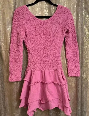 Free People What A Time Textured Long Sleeve Pink Mini Dress XS NWT thumbnail 1