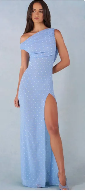 Oh Polly Nivara One-Shoulder Maxi Dress in Blue Polka Dot Size 2 thumbnail 1