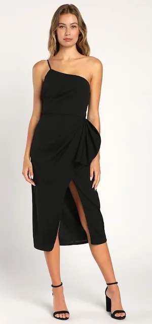 Lulus Black One Shoulder Midi Dress Draped Cocktail Formal Size Medium thumbnail 1