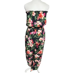 Bar III Black Tropical Floral Strapless Split Leg Jumpsuit Medium thumbnail 3