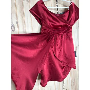 NWT Lulus Always Celebrating Burgundy Satin Off-the-Shoulder Mini Dress Party M thumbnail 5