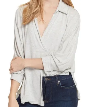 Free People “Can’t Fool Me” Collared Draped Top Gray Size M thumbnail 1