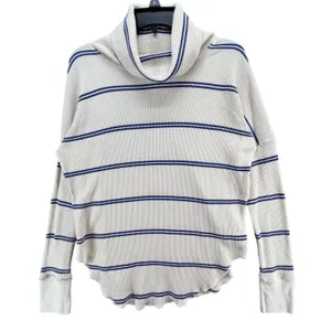 Babaton Waffle Knit Thermal Sweater Womens S Cream Blue Striped Quiet Luxury thumbnail 1