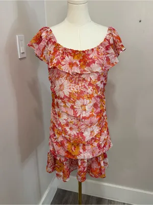 HELLO MOLLY Flowers On My Mind pink &. orange Mini‎ off the shoulder Dress XL 10 thumbnail 2