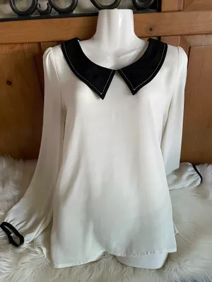 Forever 21 Long sleeve black & white sheer top with attached collar thumbnail 1