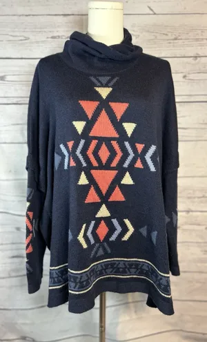 J. Jill oversized poncho style Aztec navy blue turtleneck sweater MP lovely!! thumbnail 1
