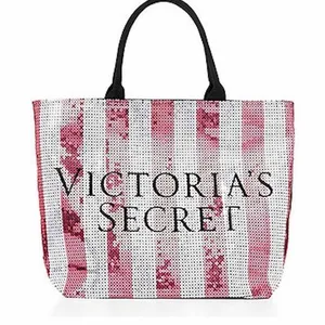 Victoria's Secret Limited Edition Pink & Silver Sequins Stripe Tote Bag Purse thumbnail 1