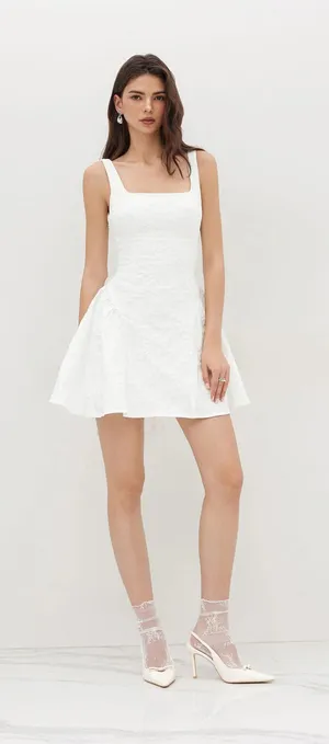 NWT Cider White Jacquard U-neckline Floral Backless Bowknot Mini Dress thumbnail 1