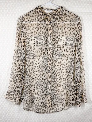 Equipment Tan Brown Leopard Print Sheer Silk Button Down‎ Top thumbnail 1