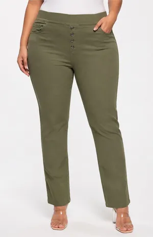 DQ² by DQ Collection Olive Green Pull-On Skinny Pants 2X Button Front Stretch thumbnail 1