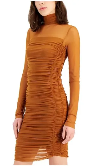 HUGO Women Mesh Ruched Long Sleeve‎ Dress Rustcopper Size xs nwt thumbnail 1