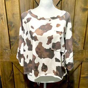 NWT Peach Love California Brown and White Crop Fringe Cow Print Tee thumbnail 5