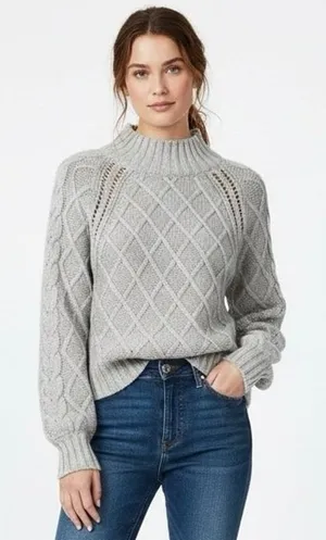 American Eagle Diamond Cable Pointelle Sweater Gray Mock Neck Balloon Size S thumbnail 1