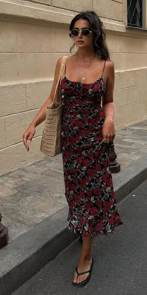 Commense Romantic Cottage Fairy Bulgarian Red Roses Floral Cami Midi Dress NWT L thumbnail 1