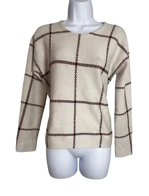 Maje‎ Mademoiselle Bordeaux Windowpane Wool Blend Sweater Cream Burgundy Size 1 thumbnail 1