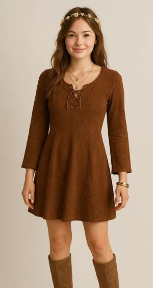 NY‎ collection baby doll dress brown suede long sleeve dress size medium thumbnail 1