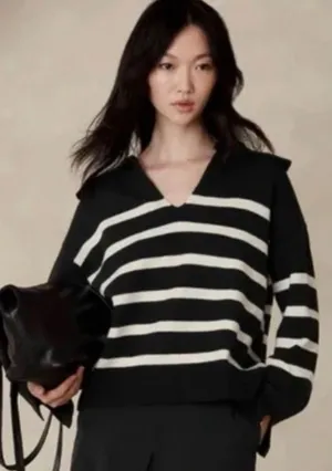 Banana Republic Johnny Collar Striped Sweater‎ Black White XL 768623-01 Womens thumbnail 1