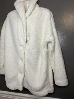 PJ Salvage Coat Womens XL White Faux Fur Sherpa Fleece Button Front Long Cozy thumbnail 3