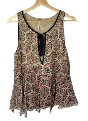 Free People Beige & Red Printed Raw Hem Tank Top XS‎ thumbnail 1