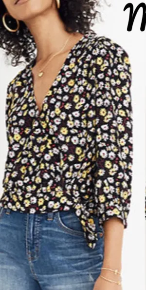 Madewell Black French Moody Dark Floral Wrap Long Sleeve Top S NEW thumbnail 1