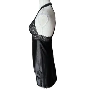 Victoria's Secret Black Satin Lace‎ Halter Chemise Nightgown Women's Small thumbnail 2