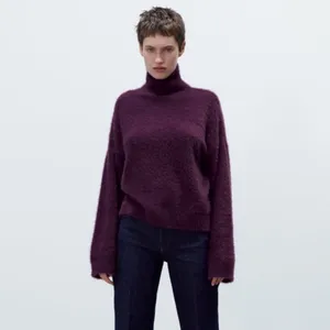 NWOT ZARA Super Soft Fuzzy mock Neck Sweater Pullover Burgundy Medium thumbnail 2