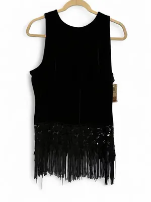 Papell Boutique Black Velvet Evening Top with Lace Trim beaded fringe button 14 thumbnail 2