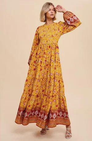 Arabella Border Print Tiered Floral Maxi Dress in Earthen thumbnail 3