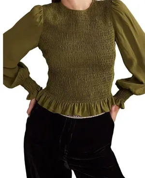 Boden‎ Smocked Bodice Green Long Sleeve Blouse Size 8 thumbnail 1
