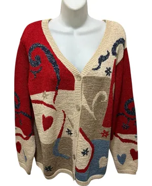 VTG Coldwater Creek Hearts Button Up Patchwork Cardigan Sweater Sz XL Grandma thumbnail 1