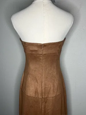 Vintage BCBG Brown Faux Suede Beaded Paneled Strapless Maxi Dress thumbnail 4