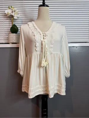 Janasya Ivory Lace Up Babydoll Top Medium Boho Crochet Trim Peasant Blouse thumbnail 3