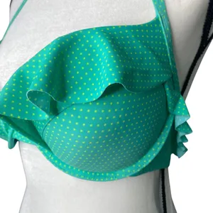 aerie Nina Polka Dot Ruffle Halter Padded Bikini Top 36D Green Retro Swimwear thumbnail 2