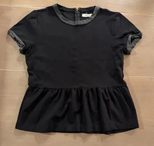 Madewell Black Peplum Top M Genuine Leather Trim Short Sleeve Back Zip thumbnail 1