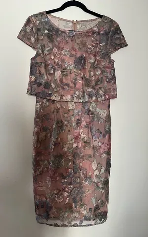 Floral Textured Lace Midi Dress 4 Pink Romantic Elegant Wedding Guest Formal thumbnail 1