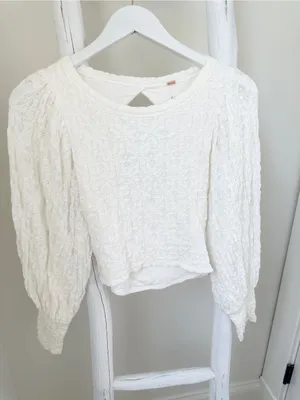 Free People Jasmine Tea Time Cream Textured Puff-Sleeve Knit Top Keyhole Back thumbnail 11