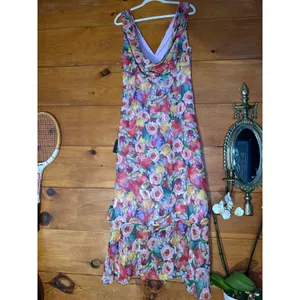 NWT Lulus Laraline Red Multi Floral Ruffled Cowl Back Maxi Dress Cruise Resort L thumbnail 7