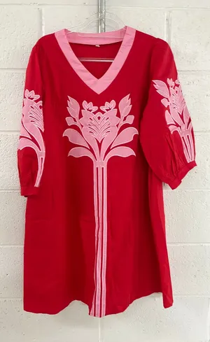 Amazon Womens Oversized Baroque Floral Applique Shift Mini Dress 3/4 Puff Sleeves Embroidered V-Neck Dress thumbnail 1