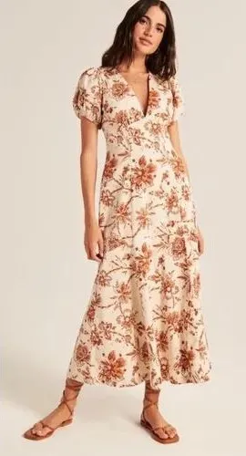 Abercrombie‎ & Fitch Floral Puff Sleeve Slim Poplin Midi Dress Cream Rust Medium thumbnail 1