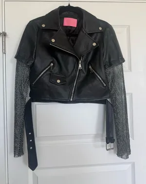 Azalea Wang Cropped Moto Leather & Rhinestone Jacket thumbnail 1