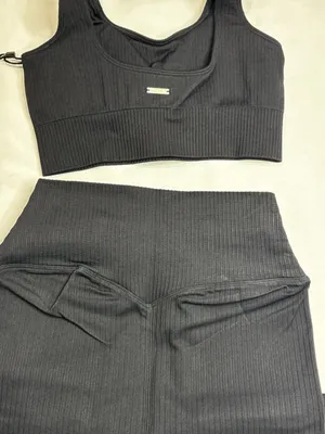 Lilias Active Ribbed Knit Collection Black Athletic Set Bralette and Leggings thumbnail 2