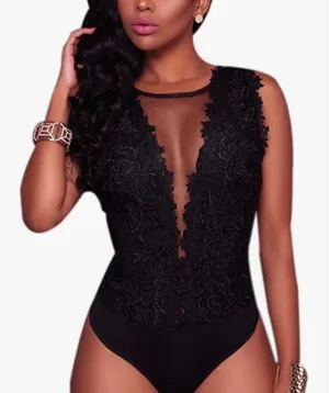 NEW Black Deep V Lace Mesh Sleeveless Thong Bodysuit L thumbnail 1
