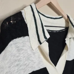 Oversized Striped Polo Sweater Women Large V-Neck Knit Pullover Preppy Normcore thumbnail 4